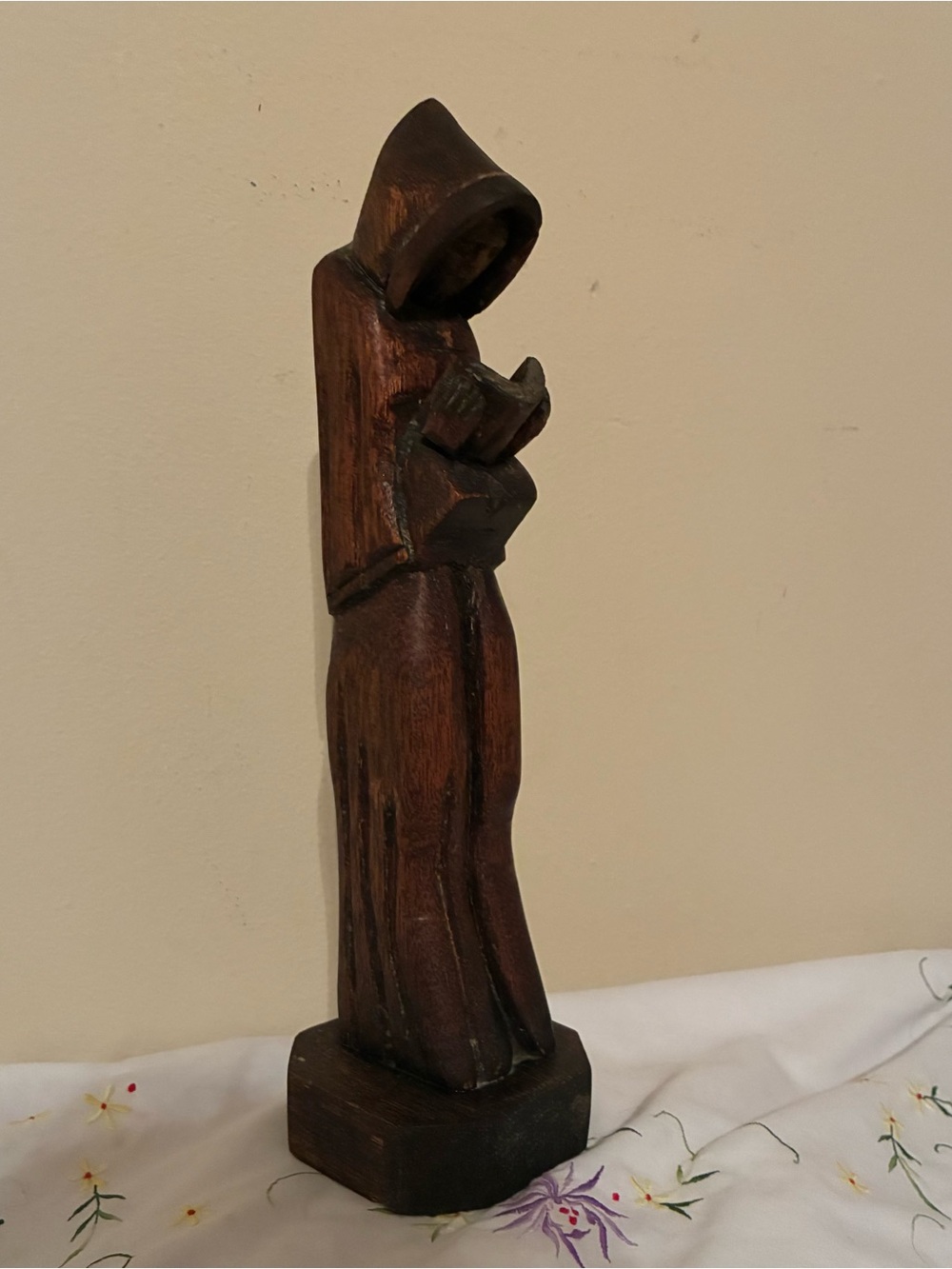 Hand-Carved Brown Wooden Monk Sculpture - Home Art Decor